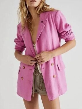 NEW Size Medium Free People Pink Oversized Linen Belted Olivia Blazer Jacket